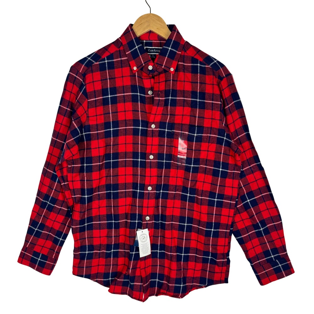 Club Room Mens Flannel Plaid Button Down Shirt Red Navy Blue Small 100189992MN - Picture 2 of 14